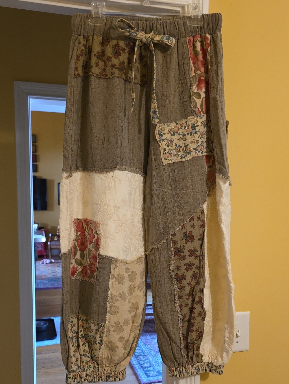 NWOT POL Patchwork Joggers in Olive, Cream and Floral